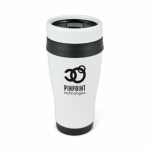Ancoats blanc promotional travel mugs in white and black with printed logo on a white background
