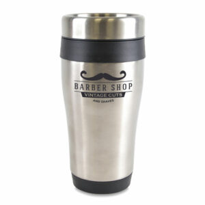 Ancoats promotional travel mugs in silver and black with printed logo on a white background