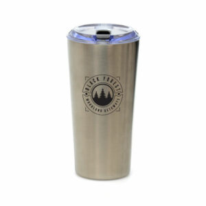 Annika promotional travel mugs in silver with a printed logo on a white background
