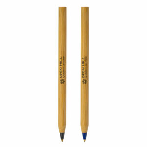 Bamboo stick promotional pens with printed logo to barrel on white background