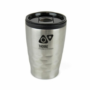 Braque promotional travel mugs in silver with printed logo on a white background