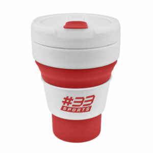 Collapsible promotional travel mugs in red and white with printed logo on a white background