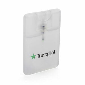 Credit card promotional hand sanitisers in clear with printed logo on a white background