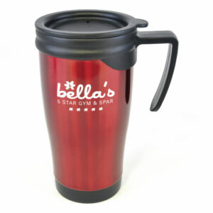 Dali colour promotional travel mugs in red with printed logo on a white background