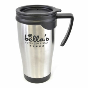 Dali promotional travel mugs in silver with printed logo on a white background