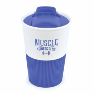 Grippy promotional travel mugs in blue with printed logo on white background