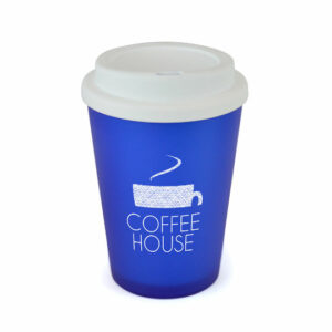 Haddon colour promotional travel mugs in blue with printed logo on a white background