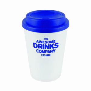 Haddon promotional travel mugs in blue with printed logo on a white background