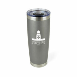Hawker promotional travel mugs in gun metal with printed logo on a white background