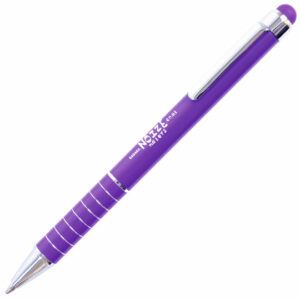 HL tropical soft stylus promotional pens in purple with branded logo on a white background