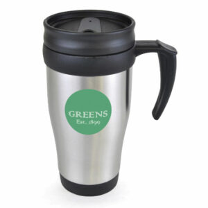 Kandinsky promotional travel mugs in silver and black with printed logo on white background