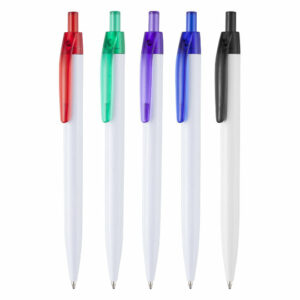 Kane translucent promotional pens on a white background with various coloured clips.