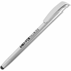 Koda soft stylus promotional pens in silver with a printed logo on a white background