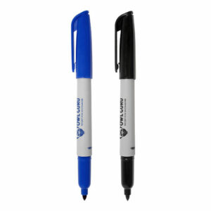 Markie fine promotional permanent markers with black or blue lids printed with logo on white background