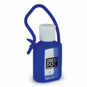 Mini promotional hand sanitisers in blue case with printed logo on a white background