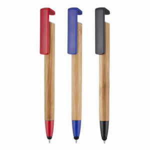 Phone up bamboo promotional pens in various colours on a white background