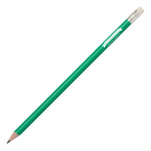 Recycled plastic promotional pencils in green with printed logo on a white background