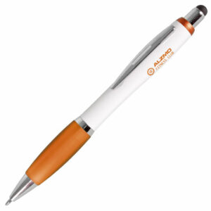 Shanghai touch promotional pens with orange trim and printed logo on white background