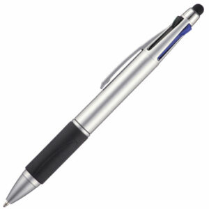 Trojan 4 ink stylus promotional pens in silver unprinted on a white background