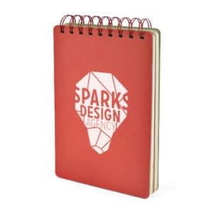 A5 musker jotter promotional notebooks in red with a printed logo on a white background