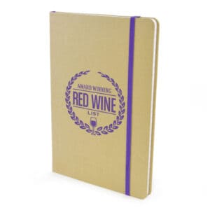 A5 natural recycled promotional notebooks in purple with printed logo on a white background