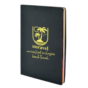 A5 prism promotional notebooks with printed logo on a white background