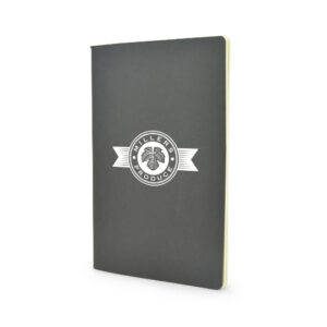 A5 rayne promotional recycled notebooks in black with printed logo on a white background