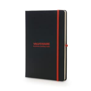 A5 reveal promotional notebooks in black and red with printed logo on a white background