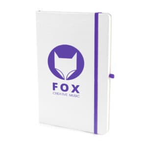 A5 white promotional notebooks with purple closure band and pen loop with printed logo on a white background