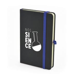 A6 bowland promotional notebooks in black / blue with a printed logo on a white background