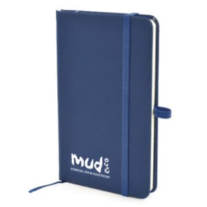 A6 Mole promotional notebooks in navy blue with printed logo on a white background
