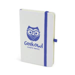A6 white promotional notebooks with printed logo on a white background
