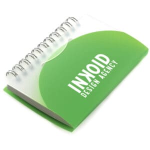 A7 spiral promotional notebooks in green with printed logo on a white background