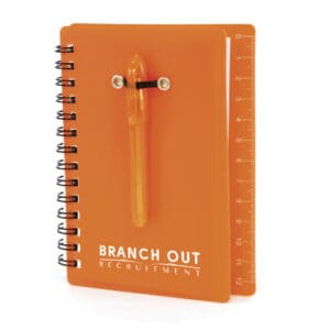 B7 canopus promotional notebooks in orange with printed logo on a white background