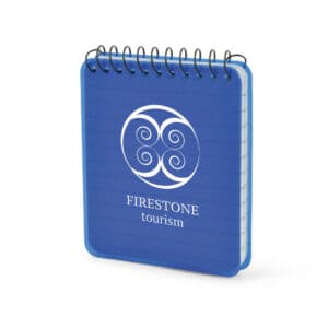 Bailey mini promotional notebooks in blue with printed logo on a white background