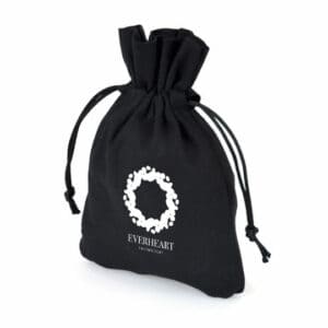 Drawstring promotional cotton pouches in black with printed logo on a white background