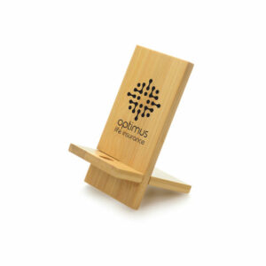 Dylan promotional phone stands in natural bamboo with printed logo on white background