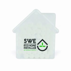 House shaped promotional mint cards with printed logo on a white background