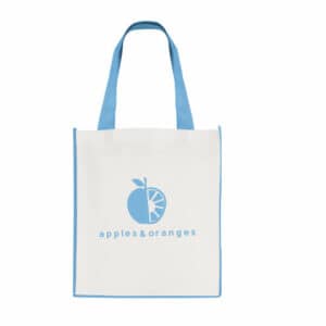 Large contrast promotional shopping bags in white and cyan with a printed logo on a white background