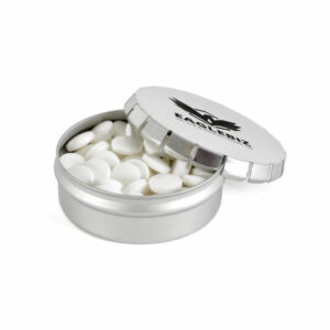 Large round promotional mint tins open showing mints in silver with printed logo on a white background
