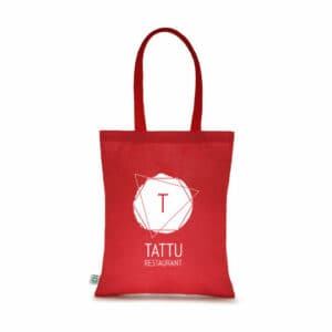 Lark organic promotional cotton bags in red with a printed logo on a white background