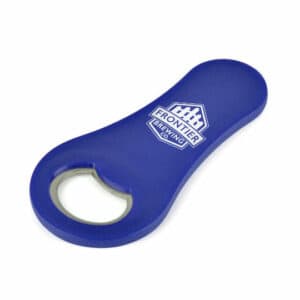 Magnetic promotional bottle openers in blue with printed logo on a white background