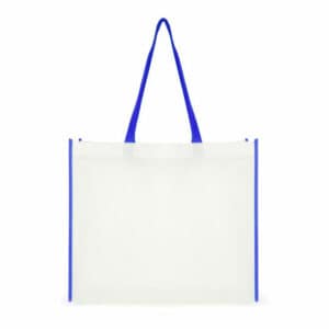 Unprinted Mcintyre promotional shopping bags in white and blue trim on a white background