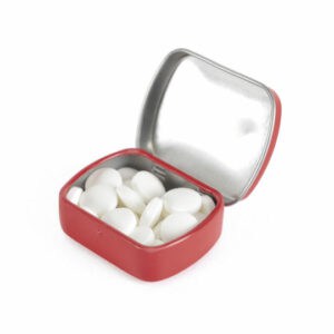 Micro rectangular promotional mint tins, open showing mints, in red on a white background