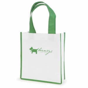 Mini contrast promotional shopping bags in white and green trim with printed logo on a white background