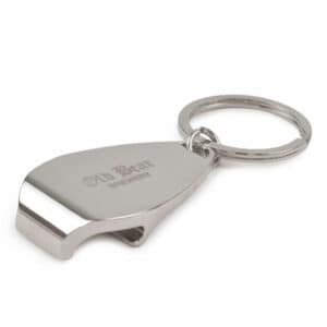 Oracle promotional bottle opener keyrings in silver with an engraved logo on a white background