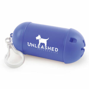 Pooch promotional dog poo bag dispensers in blue with printed logo on white background
