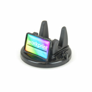 Promotional car phone holders in black with printed logo on white background
