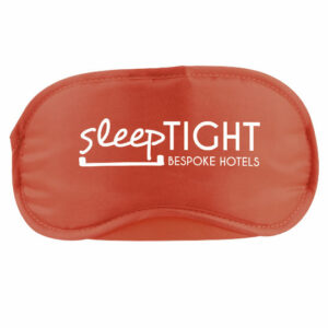 Promotional eye masks in red with printed logo on white background