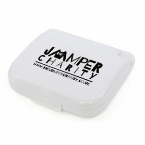 Promotional sewing kits in white plastic case with printed logo on a white background